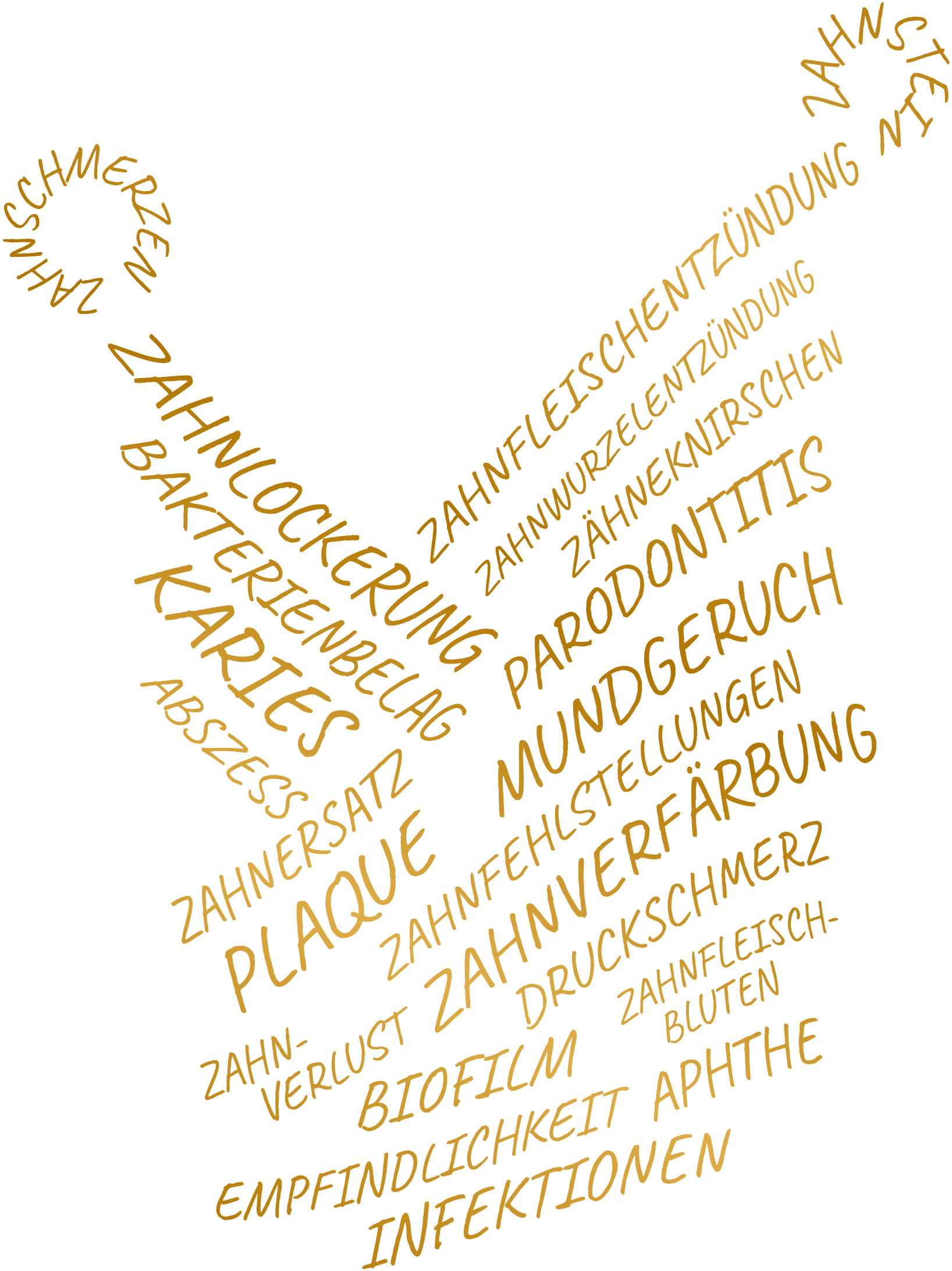 Symptome in Form einer Krone. Zahnschmerzen, Zahnstein, Zahnfleischentzündung, Zahnwurzelentzündung, Zähneknirschen, Zahnlockerung, Parodontitis, Bakterienbelag, Karies, Abszess, Zahnersatz, Plaque, Mundgeruch, Zahnfehlstellungen, Zahnverlust, Zahnverfärbung, Druckschmerz, Biofilm, Zahnfleischbluten, Empfindlichkeit, Aphthe, Infektionen